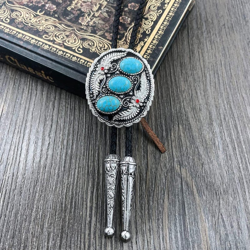 QUKE Vintage Native American Western Cowboy Blue Natural Turquoise Stone Bolo Tie Hand-woven Leather Bola Tie Necktie for Men - Image 4